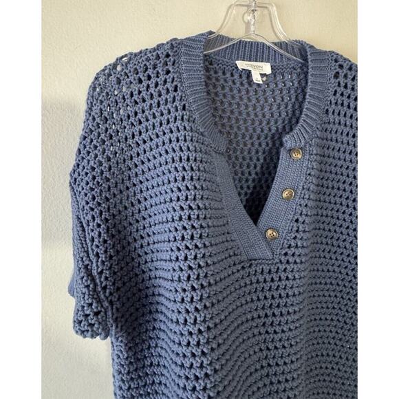 Haven Well Within Sweater Size Medium Blue Crochet Knit Knot Stitch Henley - Picture 4 of 8